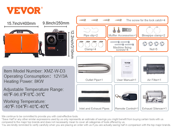 VEVOR diesel air heater components, dimensions, temperature range, and operating details.