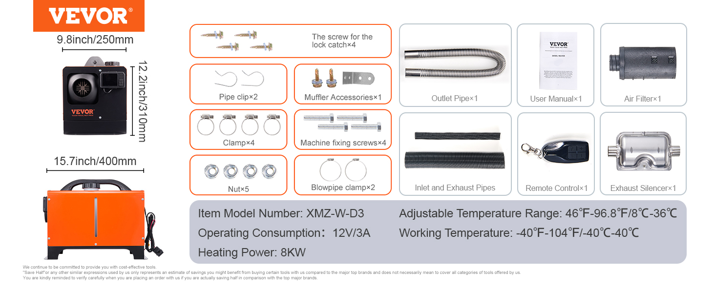VEVOR diesel air heater components, dimensions, temperature range, and operating details.