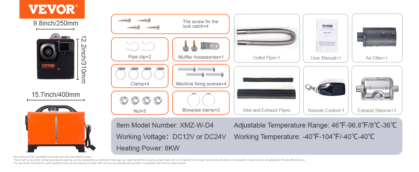 VEVOR diesel air heater dimensions, parts list, adjustable temperature range, and voltage specifications.
