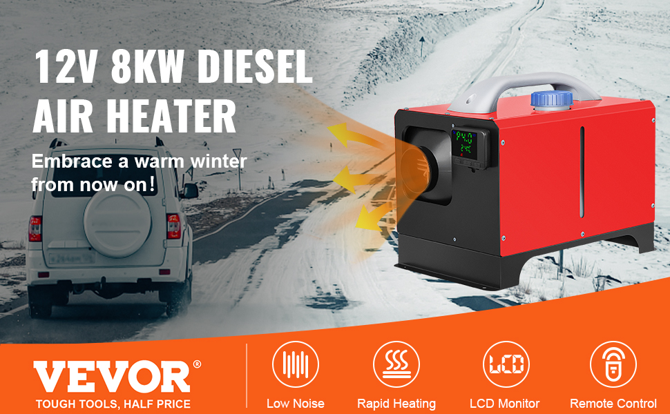 VEVOR diesel air heater 12v 8kw in a snowy landscape with a van and icons.