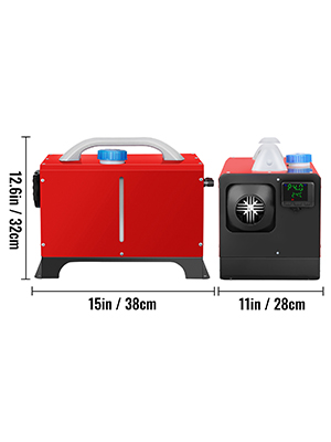 red VEVOR diesel air heater, dimensions 15in x 11in x 12.6in, side and front views.