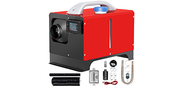 red VEVOR diesel air heater with control panel and accessories.