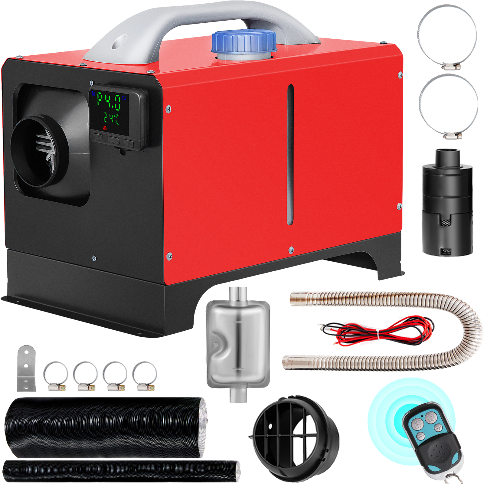VEVOR diesel air heater with accessories including tubing, clamps, and remote control.