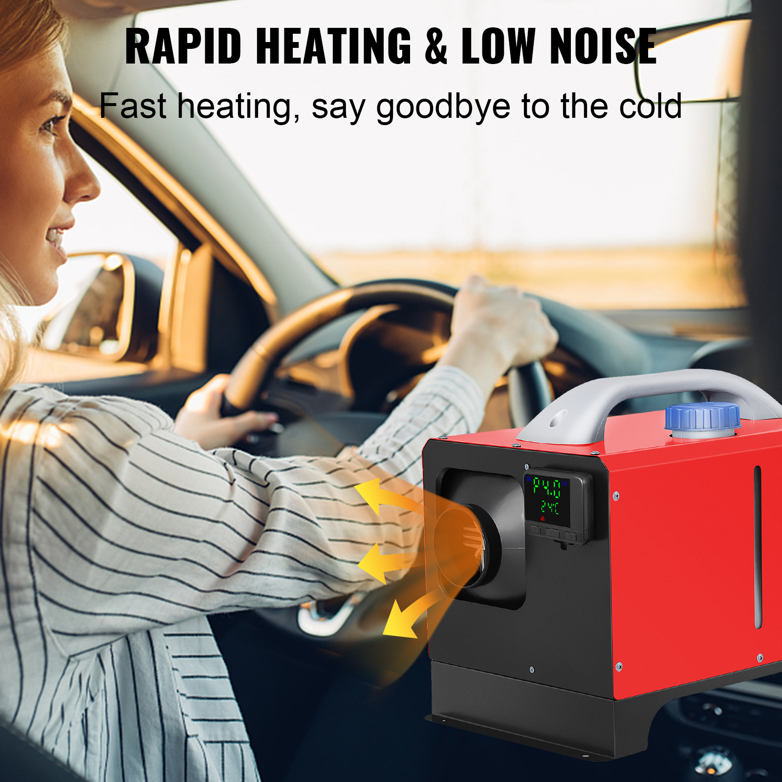 VEVOR diesel air heater providing rapid heating and low noise in a car interior.