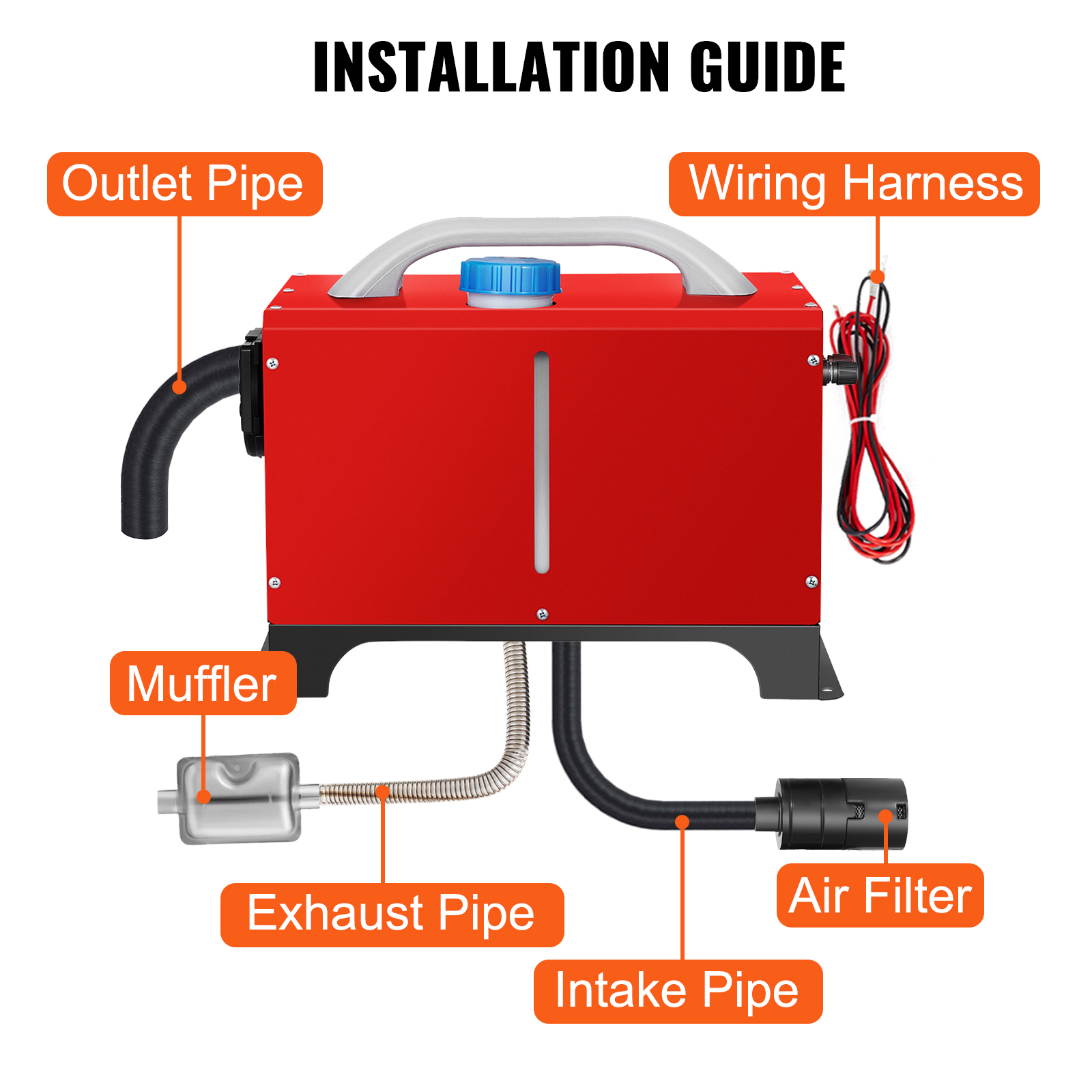 VEVOR diesel air heater installation guide with labeled parts: exhaust pipe, muffler, air filter.