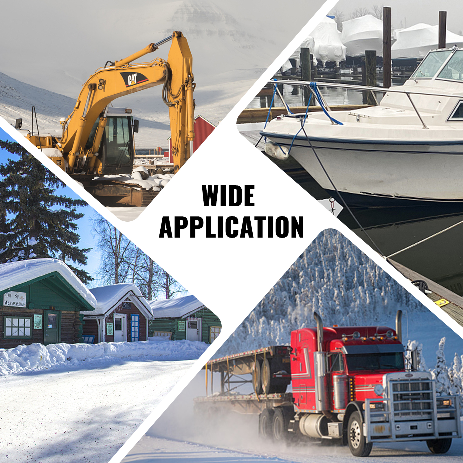 wide application of VEVOR diesel air heater, showing excavator, boat, cabin, and truck.