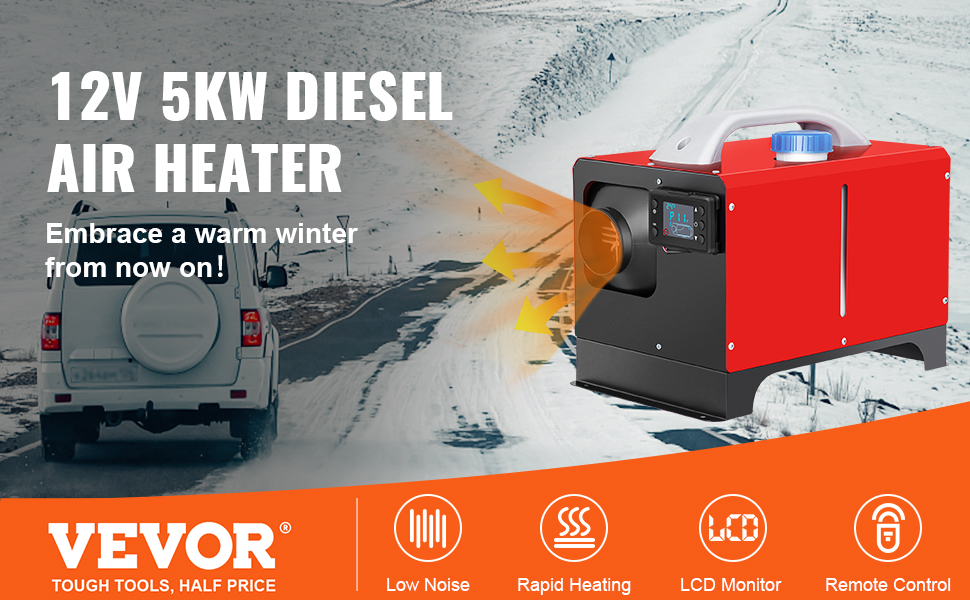 VEVOR diesel air heater emits warm air on a snowy road with a white van in the background.