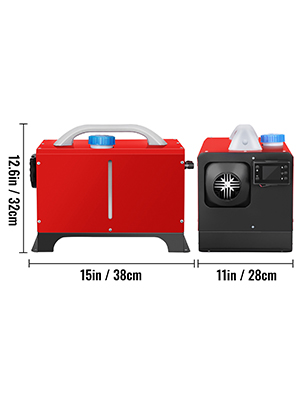 red and black VEVOR diesel air heater with dimensions 15x12.6x11 inches.