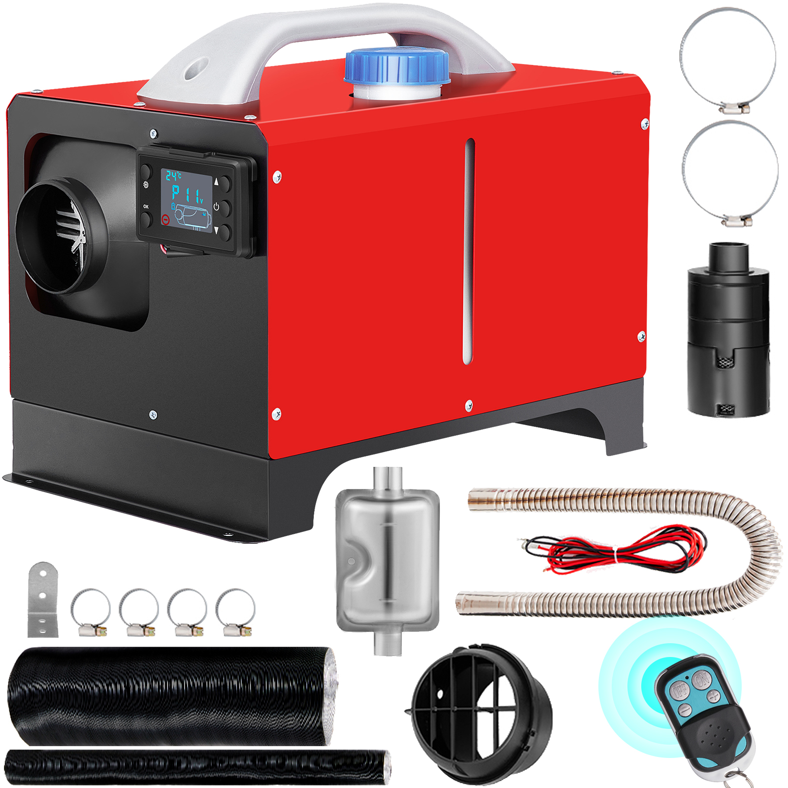 red VEVOR diesel air heater with accessories including exhaust pipe, clamps, and remote.