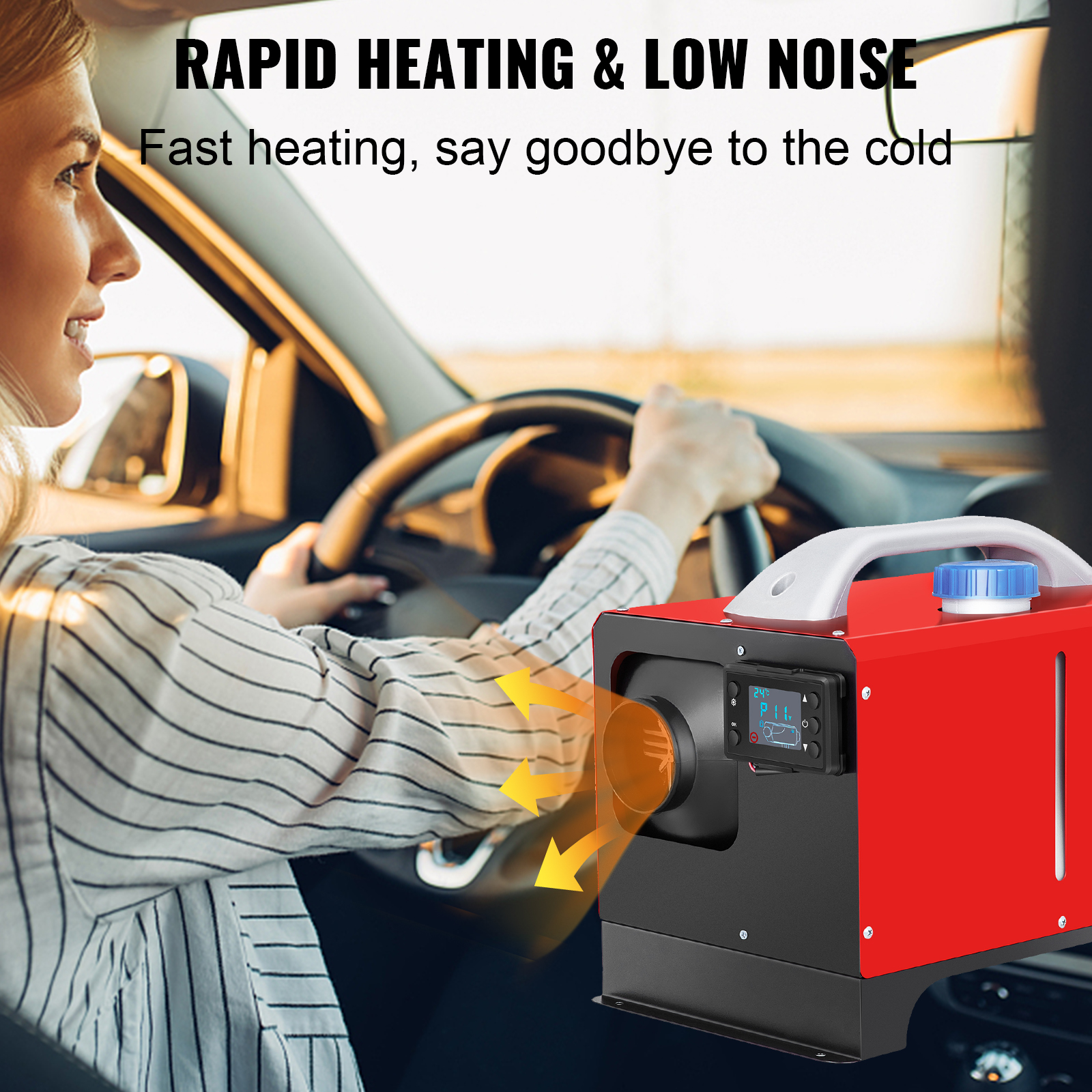 VEVOR diesel air heater providing fast heating in car interior.