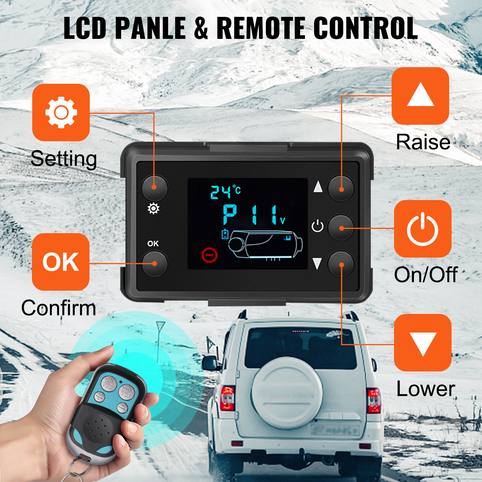 lcd panel and remote control for VEVOR diesel air heater in snowy landscape.