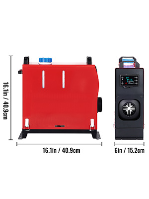 VEVOR diesel air heater, red, dimensions: 16.1in x 16in x 6in.