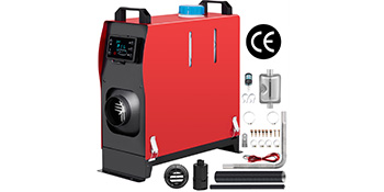 red VEVOR diesel air heater with controls and accessories, ce certified.