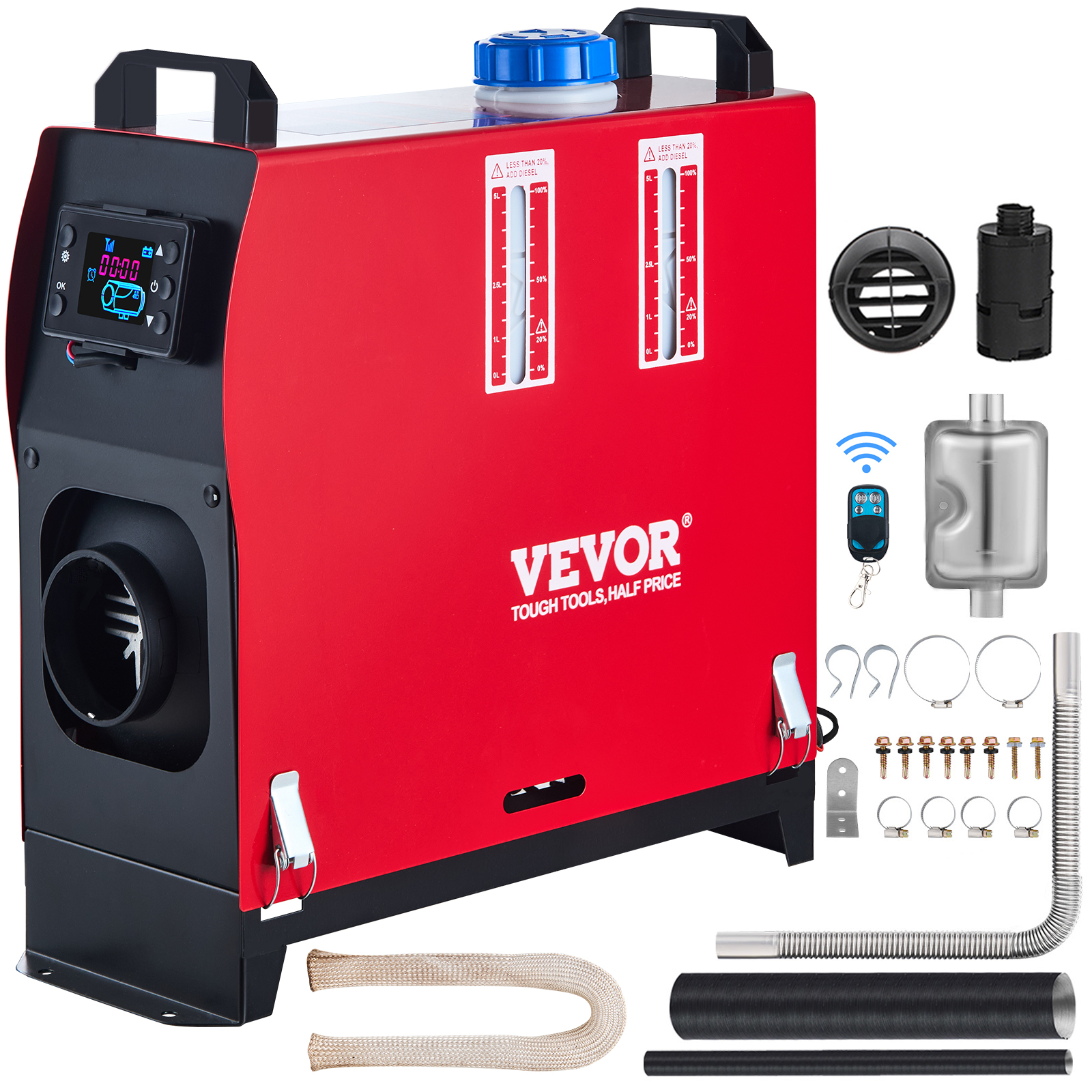 red VEVOR diesel air heater with digital control panel and blue fuel cap.