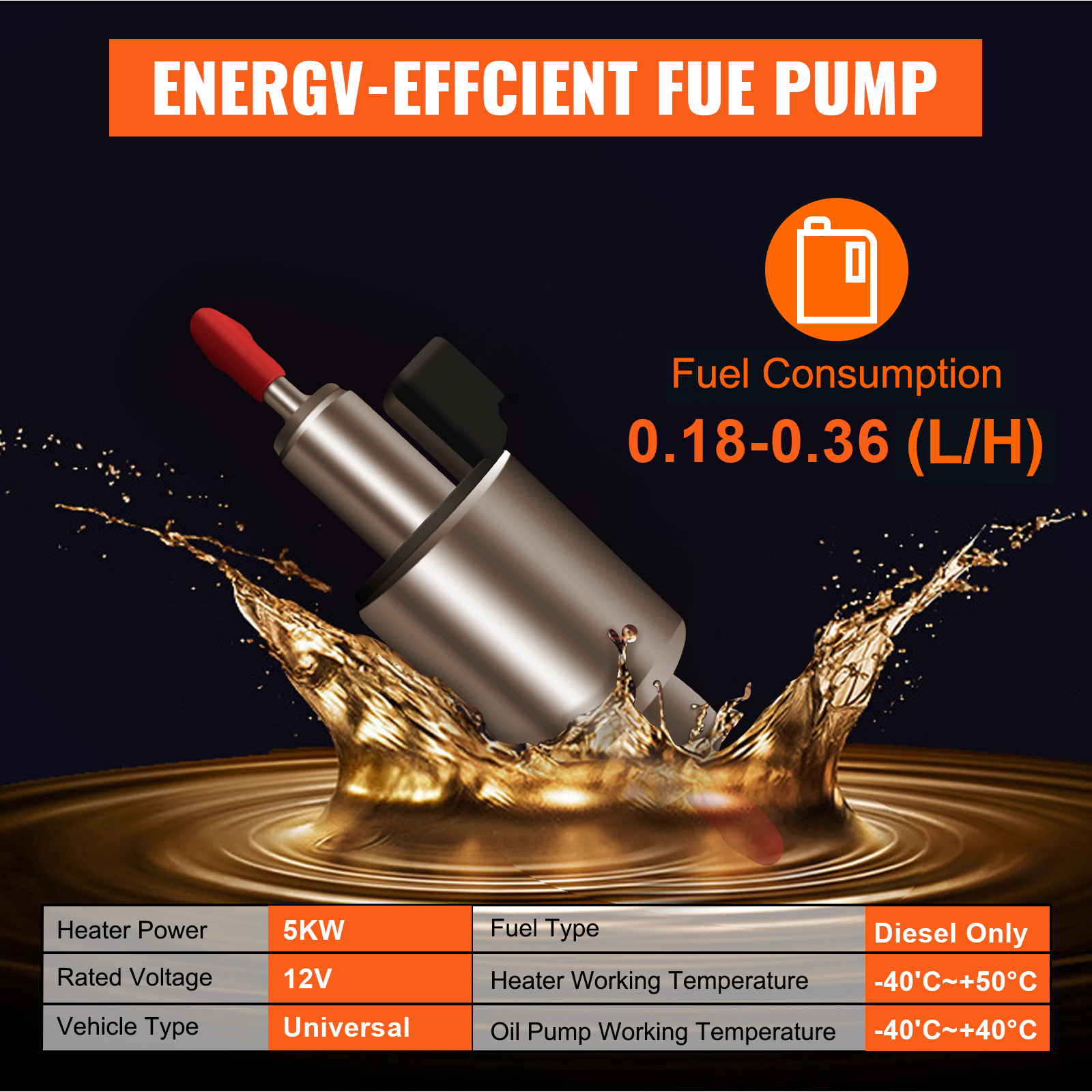 energy-efficient VEVOR diesel air heater fuel pump with 5kw power for universal vehicles.