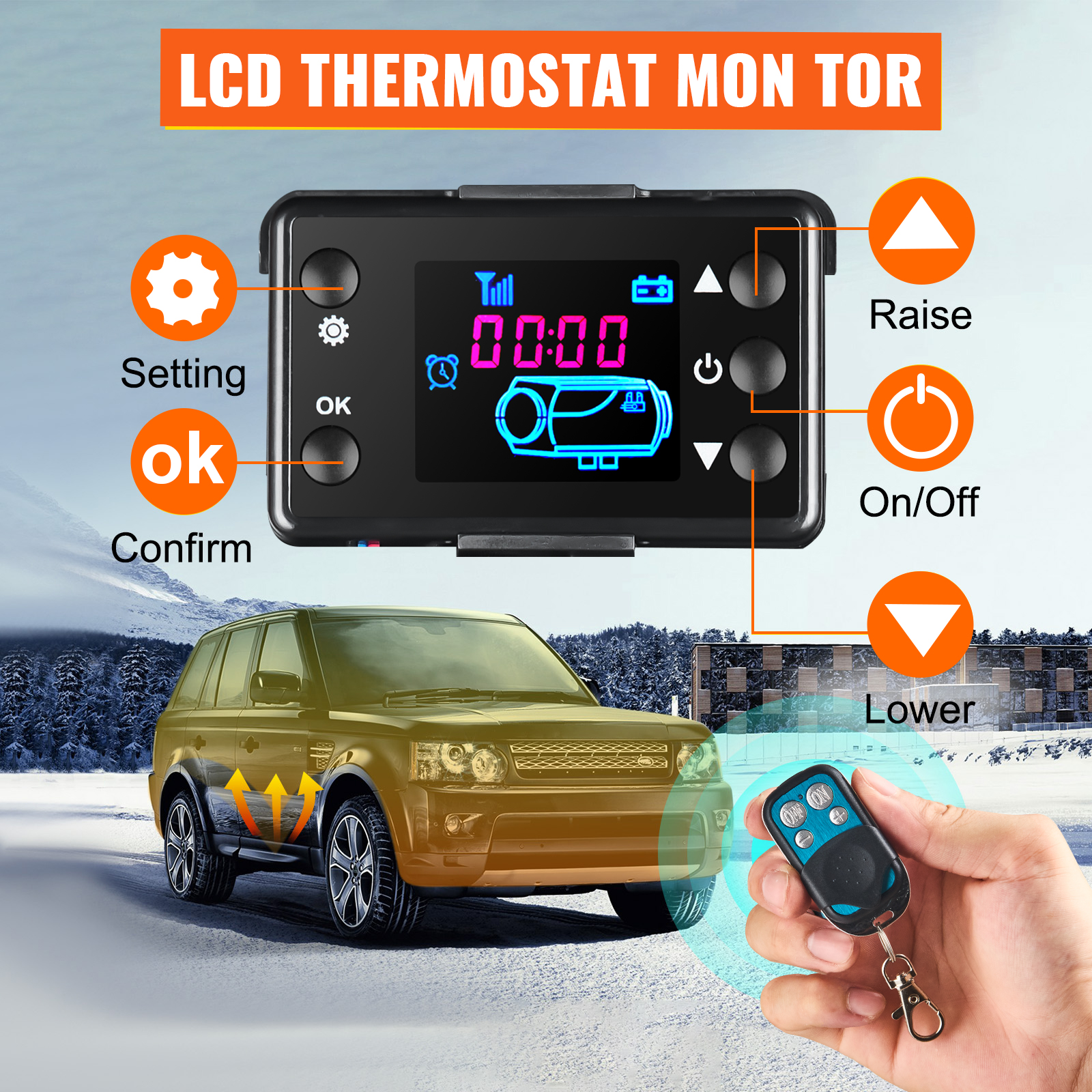 lcd thermostat monitor for VEVOR diesel air heater with remote control and suv in snow.