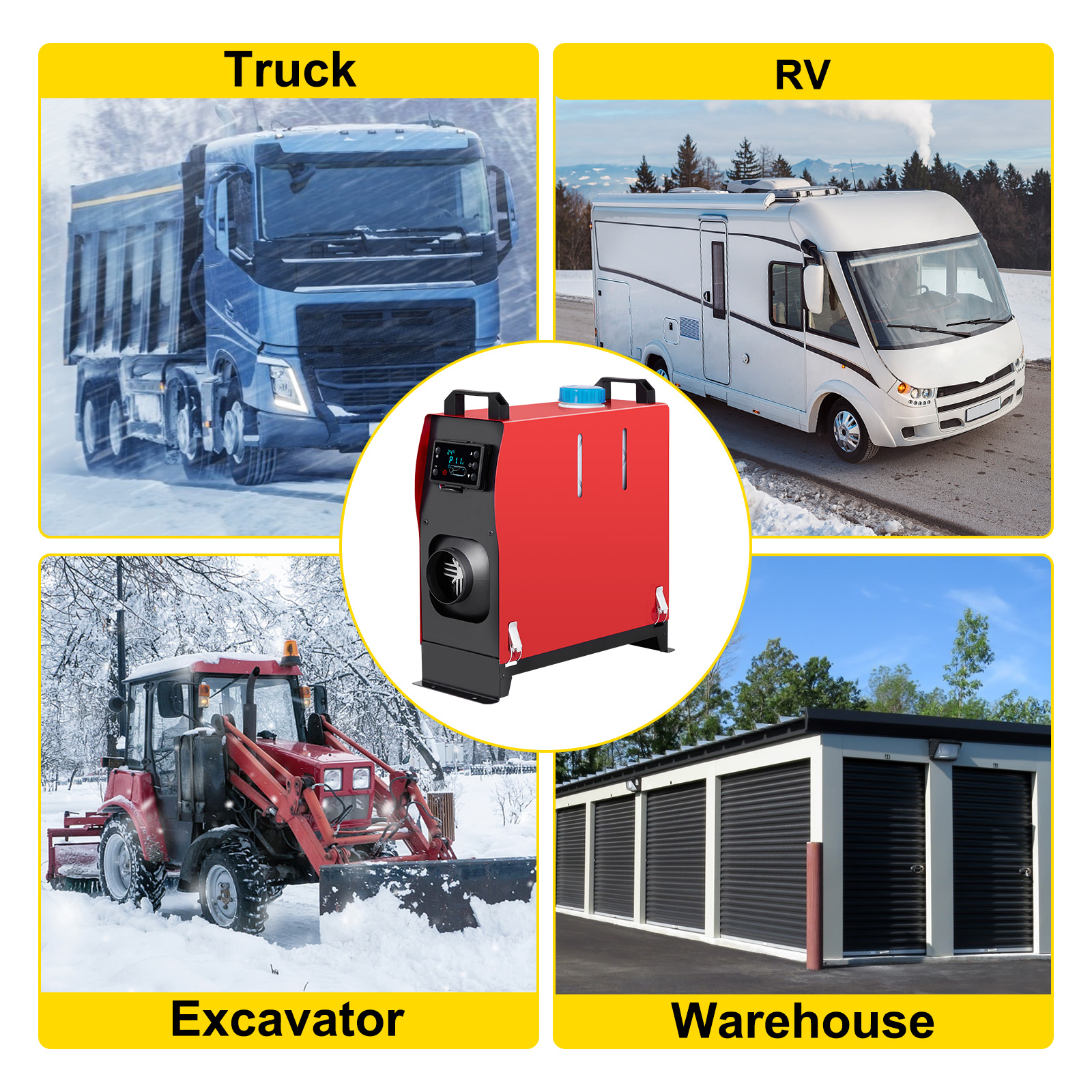 VEVOR diesel air heater for truck, rv, excavator, and warehouse in snowy conditions.