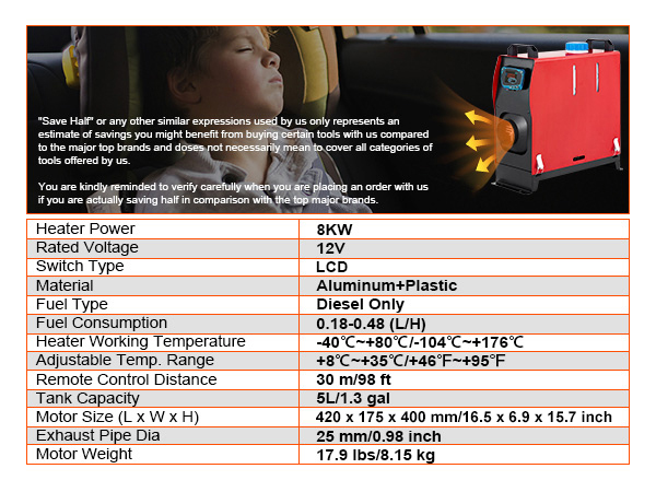 VEVOR diesel air heater, 8kw, 12v, lcd, aluminum+plastic, tank capacity 5l/1.3 gal.