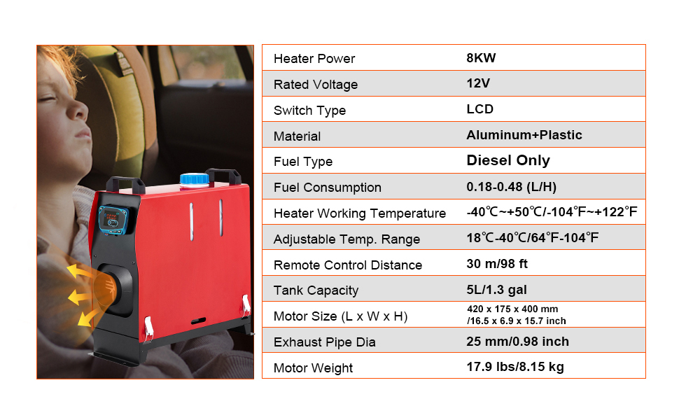 VEVOR diesel air heater, 8kw, 12v, lcd, aluminum+plastic, tank capacity 5l/1.3 gal.