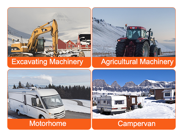 rakšanas tehnika, lauksaimniecības tehnika, motorvagons un kemperis sniega apstākļos.