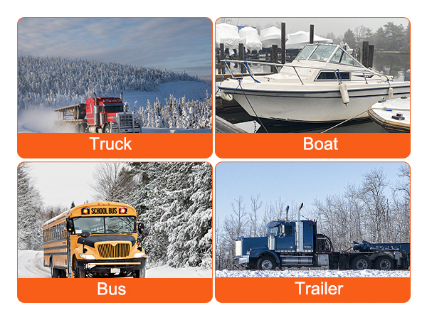 kravas automašīnas, laivas, autobusa un piekabes ziemā, demonstrējot VEVOR dīzeļdegvielas gaisa sildītāju.