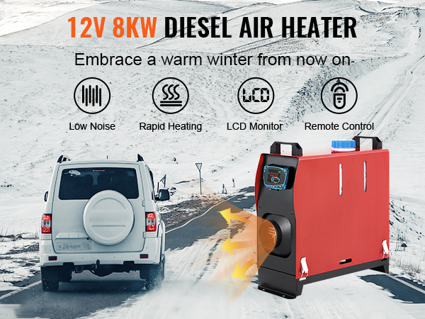 VEVOR diesel air heater on snowy road featuring low noise, rapid heating, and remote control.