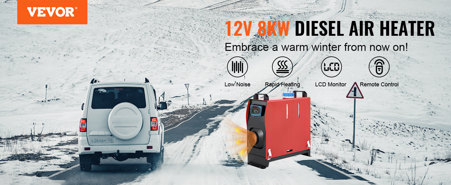 VEVOR diesel air heater on snowy road featuring low noise, rapid heating, and remote control.
