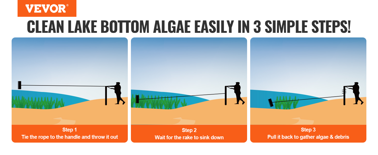 VEVOR landscape rake: how to clean lake bottom algae in 3 steps.
