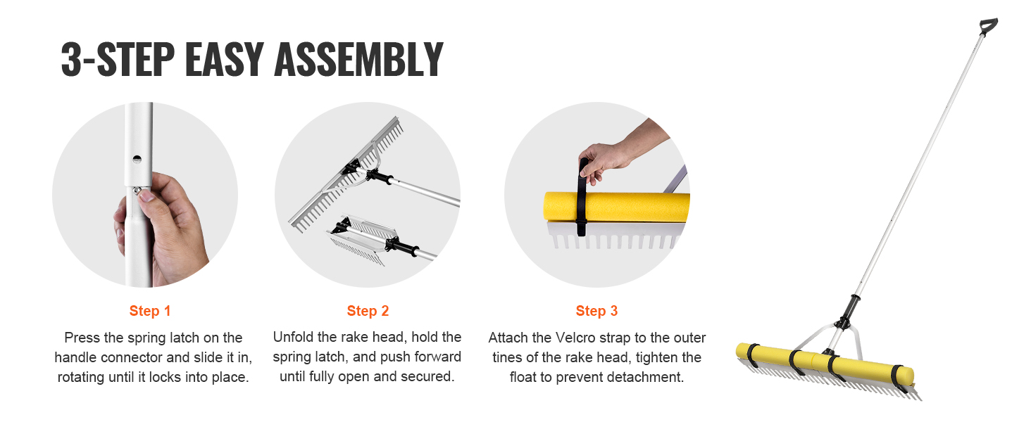 3-step assembly for VEVOR landscape rake: attach handle, unfold rake head, secure velcro strap.