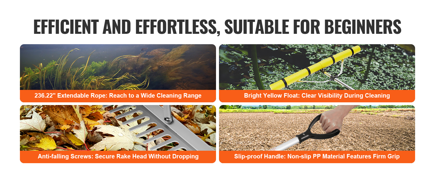 VEVOR landscape rake with extendable rope, yellow float, secure screws, and non-slip handle.