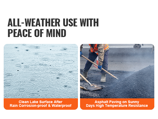all-weather use benefits for VEVOR landscape rake: rain protection and high temperature asphalt paving.