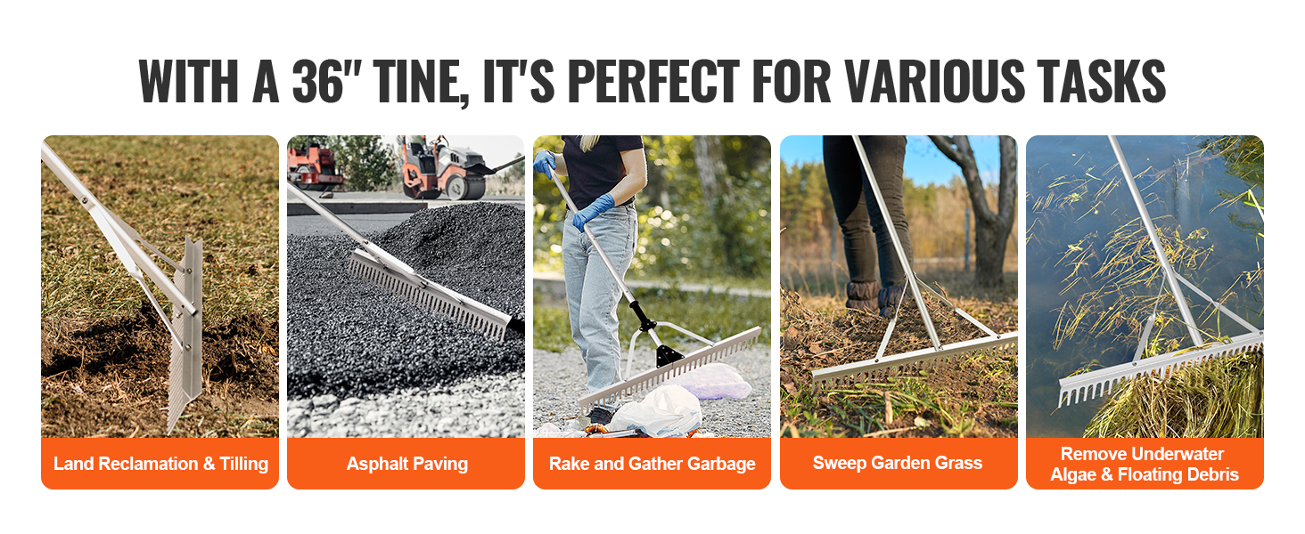 VEVOR landscape rake with 36" tine used for land reclamation, asphalt paving, garbage raking, and more.