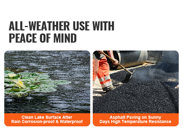 all-weather use with peace of mind banner, showing clean lake and asphalt paving under sun.