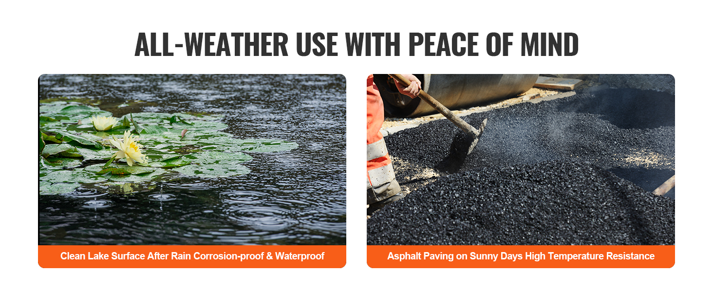 all-weather use with peace of mind banner, showing clean lake and asphalt paving under sun.