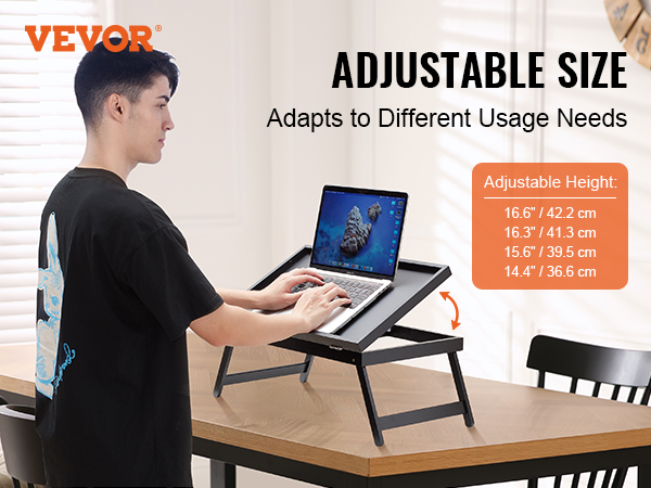 VEVOR bed tray table with adjustable height, shown being used with a laptop on a wooden table.