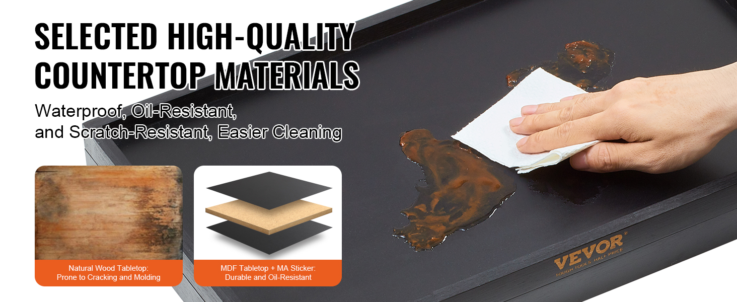 VEVOR bed tray table showcasing waterproof, oil-resistant, and scratch-resistant countertop materials.