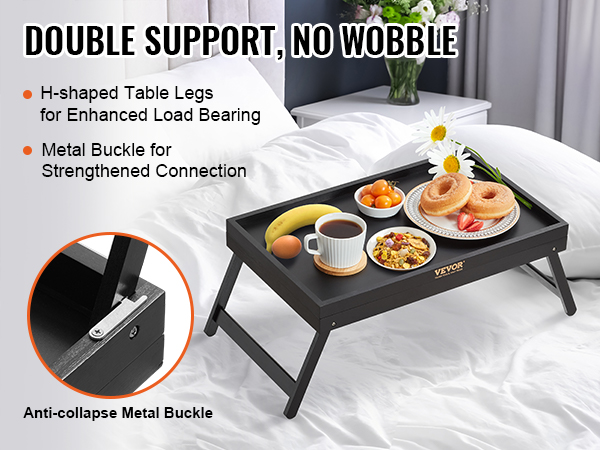VEVOR bed tray table with breakfast, coffee, flowers, h-shaped legs, and anti-collapse metal buckle.