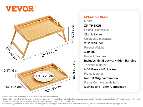 VEVOR bed tray table with folding legs, bamboo frame, and hidden handles, ideal for home use.