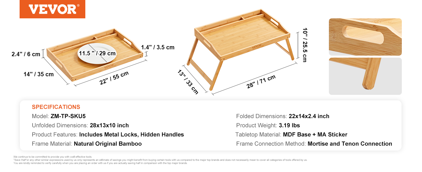 VEVOR bed tray table with folding legs, bamboo frame, and hidden handles, ideal for home use.