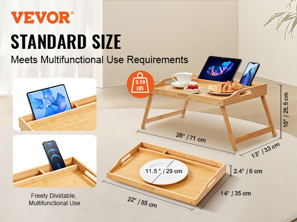 VEVOR bed tray table with cup holder, tablet slots, and adjustable legs. dimensions: 28"x13"x10".