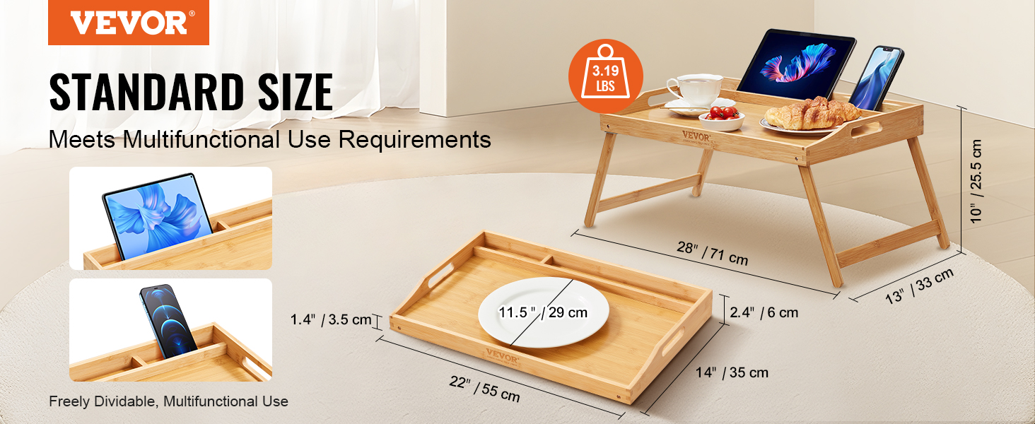 VEVOR bed tray table with cup holder, tablet slots, and adjustable legs. dimensions: 28"x13"x10".
