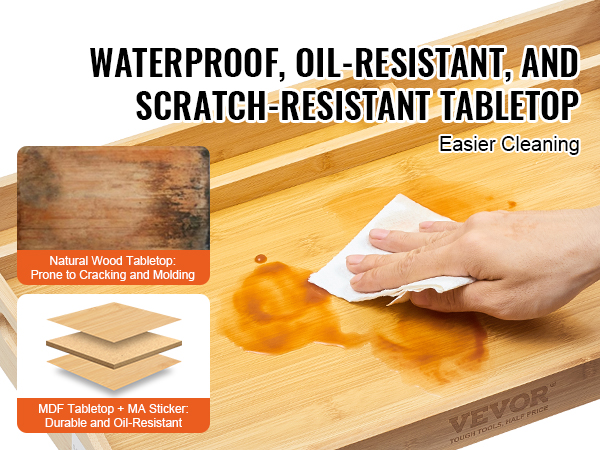 hand wiping spill on VEVOR bed tray table, showcasing its waterproof, oil-resistant, and scratch-resistant tabletop.