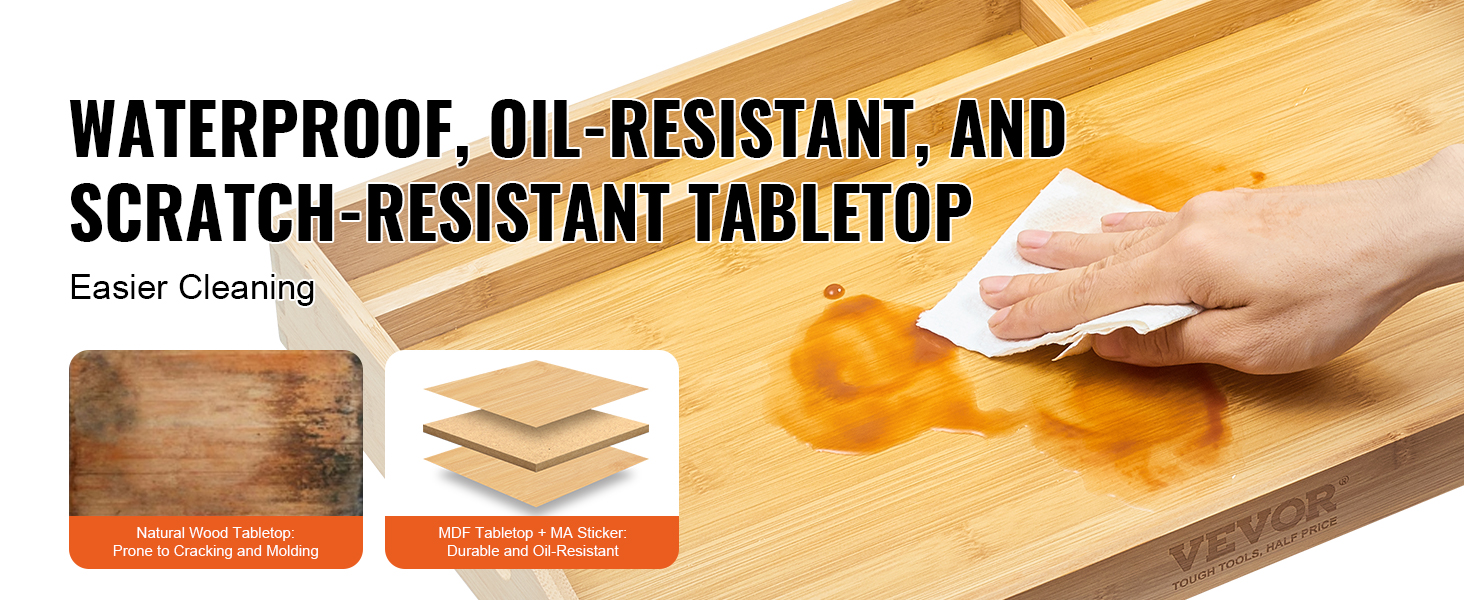 hand wiping spill on VEVOR bed tray table, showcasing its waterproof, oil-resistant, and scratch-resistant tabletop.