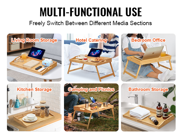 multi-functional VEVOR bed tray table for living room, bedroom office, hotel, kitchen, and camping.