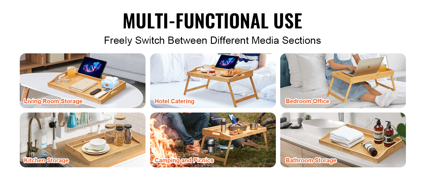 multi-functional VEVOR bed tray table for living room, bedroom office, hotel, kitchen, and camping.