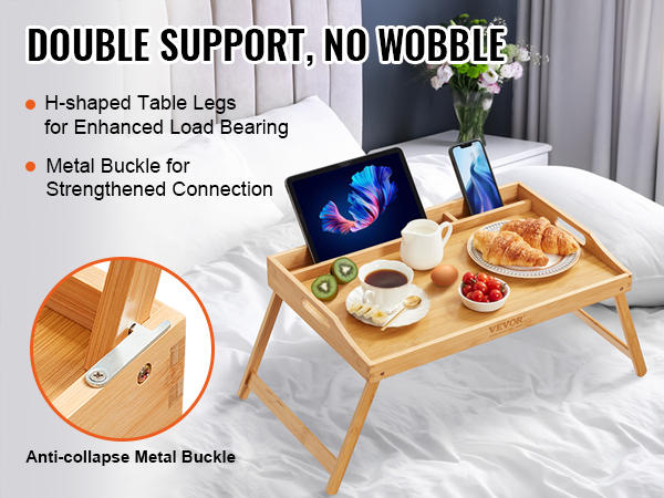 VEVOR bed tray table on a bed with breakfast, tablets, and a phone, showcasing sturdy h-shaped legs.