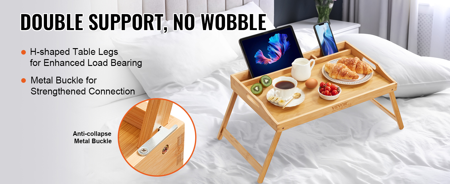 VEVOR bed tray table on a bed with breakfast, tablets, and a phone, showcasing sturdy h-shaped legs.