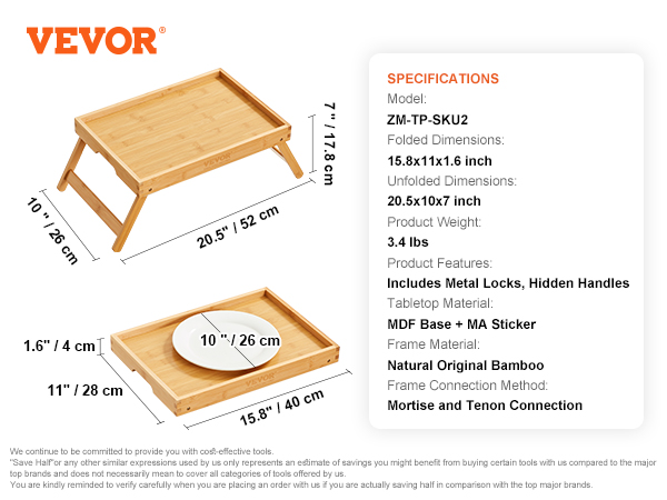VEVOR bed tray table with foldable legs, bamboo frame, and hidden handles. dimensions: 20.5x10x7 inches.