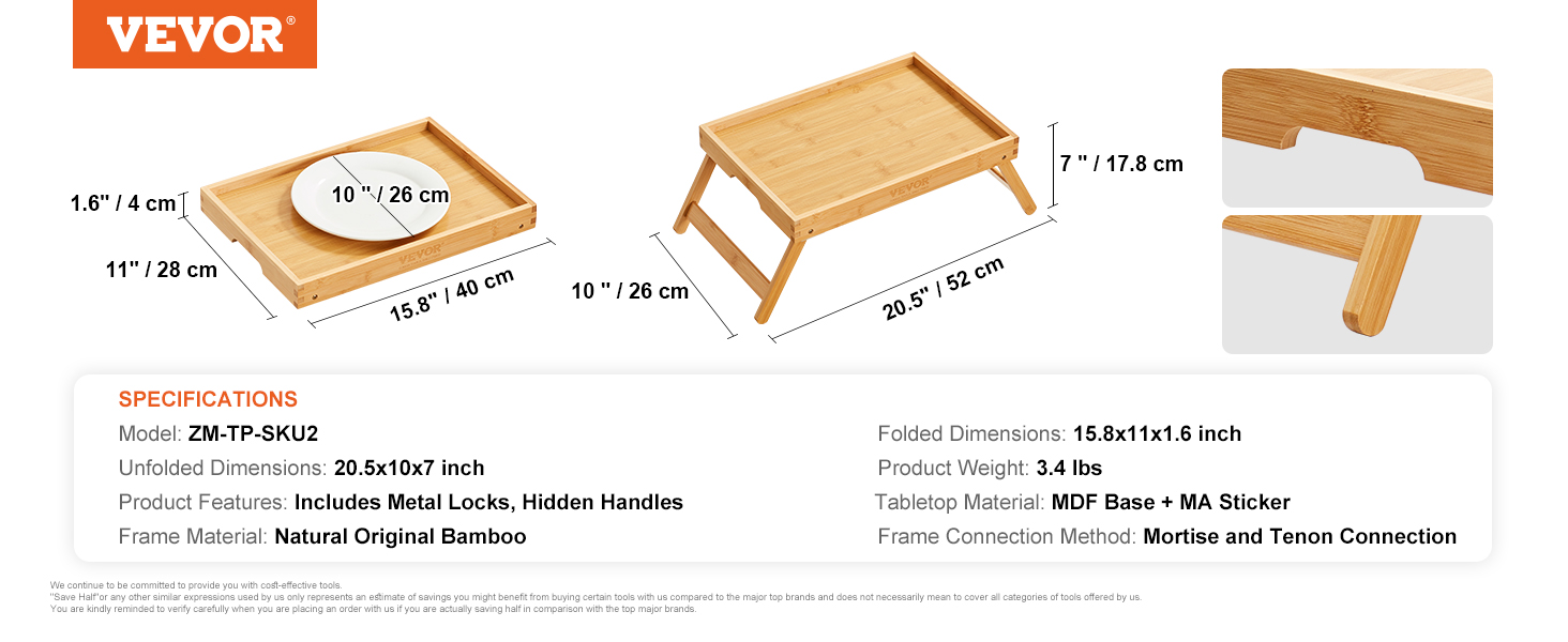 VEVOR bed tray table with foldable legs, bamboo frame, and hidden handles. dimensions: 20.5x10x7 inches.