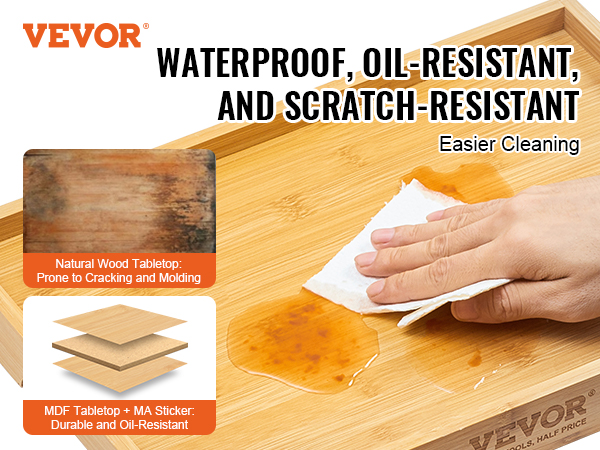 hand cleaning VEVOR bed tray table showcasing waterproof, oil-resistant, and scratch-resistant features.